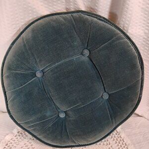vtg round tufted teal blue throw pillow velveteen type fabric no tags 60s - 70s